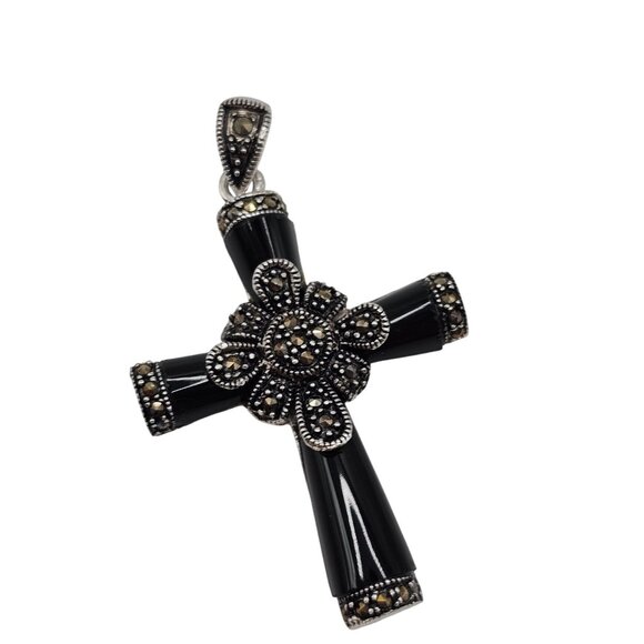 VTG Necklace Pendant Black Silver Onyx Marcasite Cross Religious Faith Gothic - Picture 2 of 14